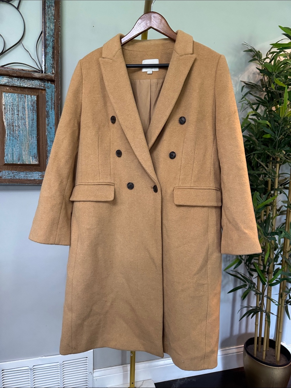 LOFT Double-Breasted Camel wool Pea trench Coat Large Petite